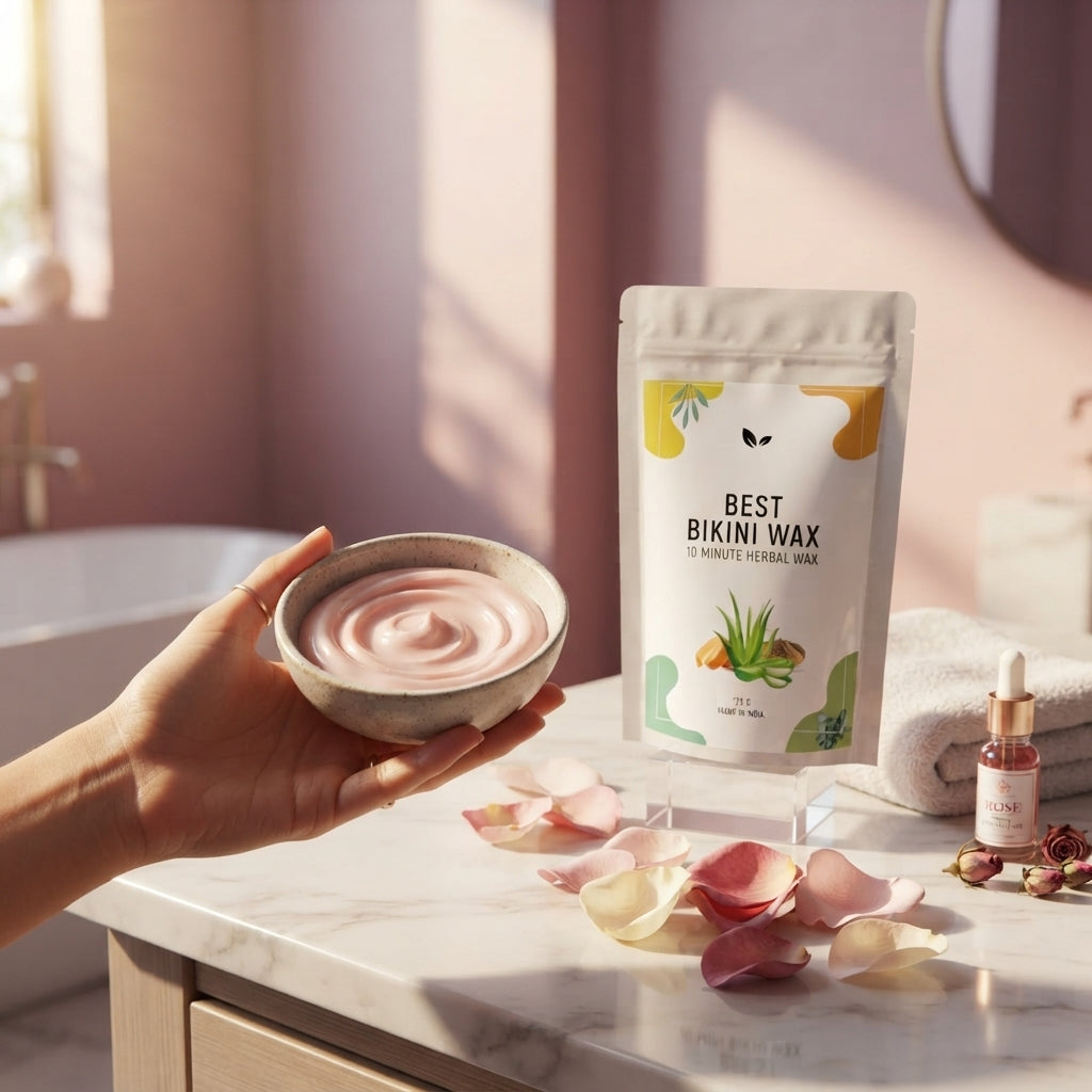 A woman holding a bowl of pink-tinted wax paste next to a Natural Bikini Wax package on a marble bathroom vanity.