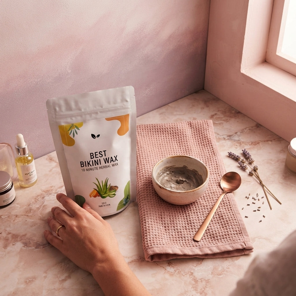 A pack of Natural Bikini Wax sits on a blush pink vanity surface next to a mixing bowl and spoon in a bright, modern bathroom