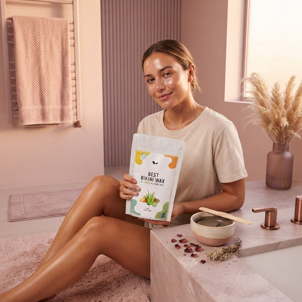 A woman holding a natural bikini wax product next to a bowl of mixed wax paste in a blush-toned bathroom.