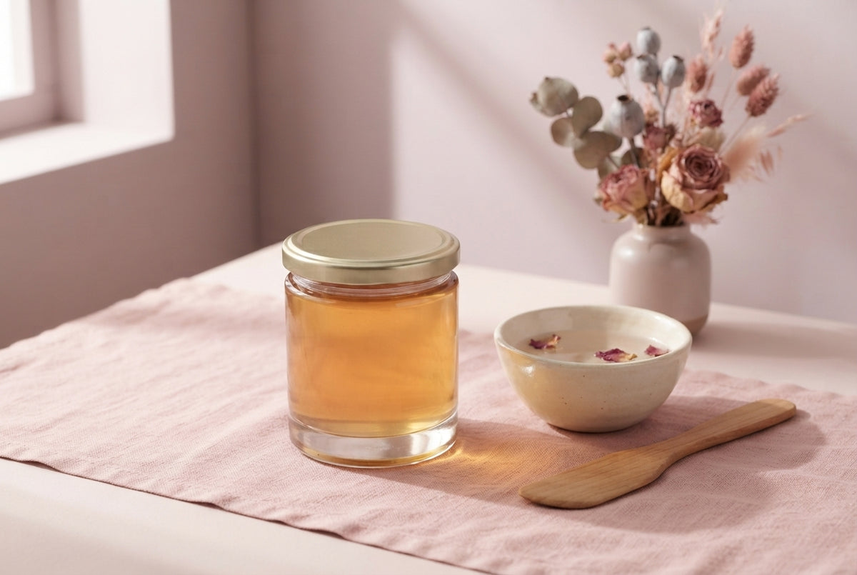 A jar of natural bikini wax with a mixing bowl and spatula on a blush pink fabric surface in a modern, serene bathroom settin
